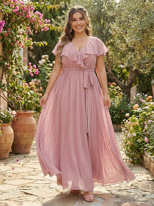 Chiffon V Neck Ruffles Pleated Corset Bridesmaid Dresses Pockets with Slit