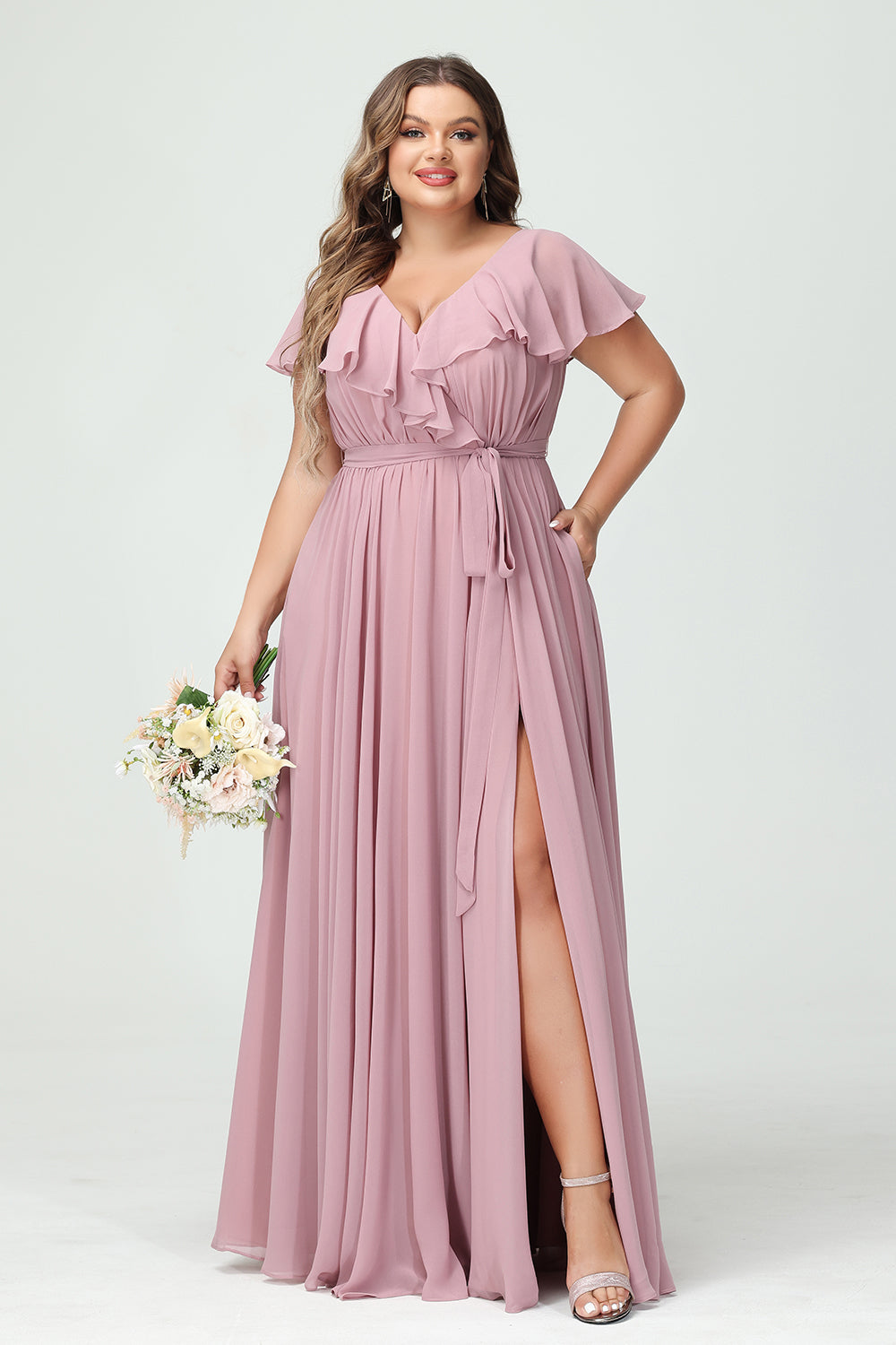 Chiffon V Neck Ruffles Pleated Corset Bridesmaid Dresses Pockets with Slit