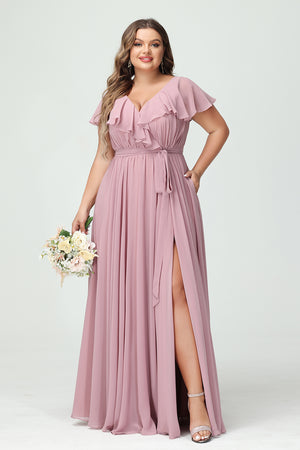 Chiffon V Neck Ruffles Pleated Corset Bridesmaid Dresses Pockets with Slit