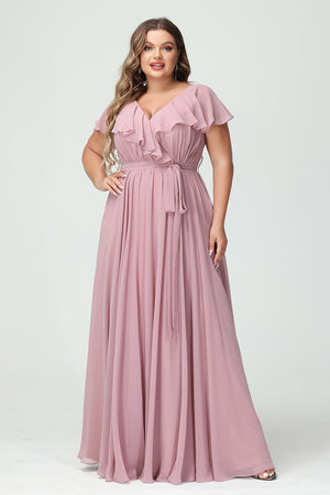 Chiffon V Neck Ruffles Pleated Corset Bridesmaid Dresses Pockets with Slit