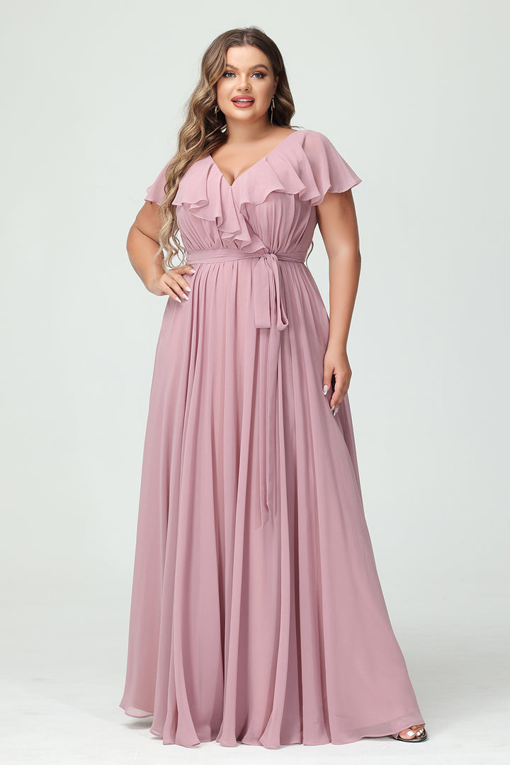 Chiffon V Neck Ruffles Pleated Corset Bridesmaid Dresses Pockets with Slit