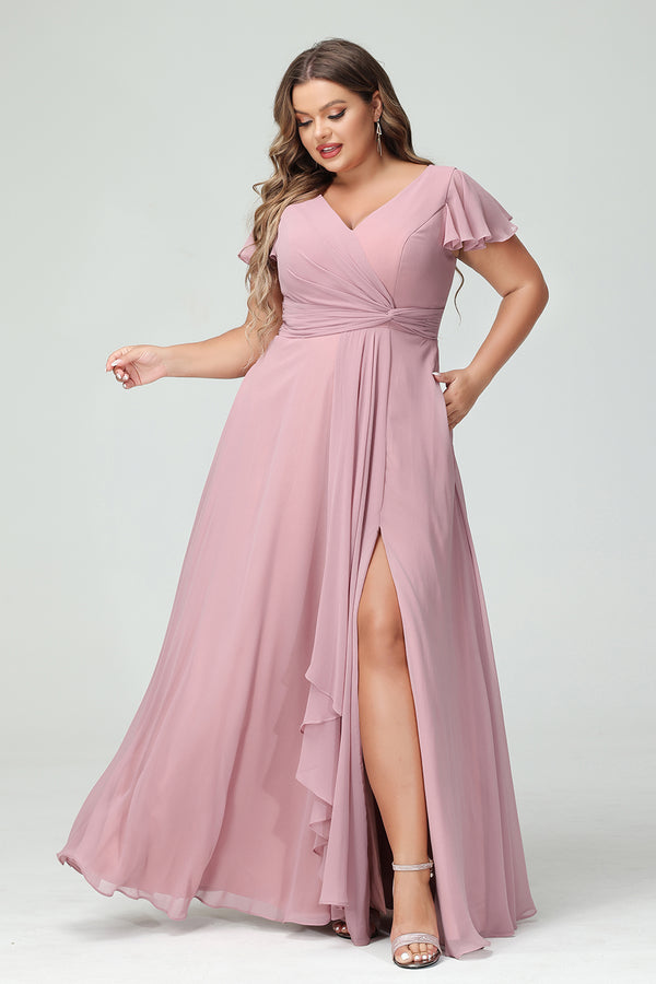 Chiffon V Neck Pleated Corset Pockets Bridesmaid Dresses with Slit