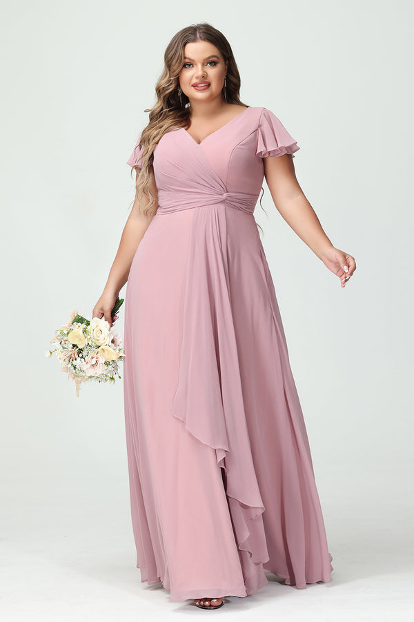Chiffon V Neck Pleated Corset Pockets Bridesmaid Dresses with Slit