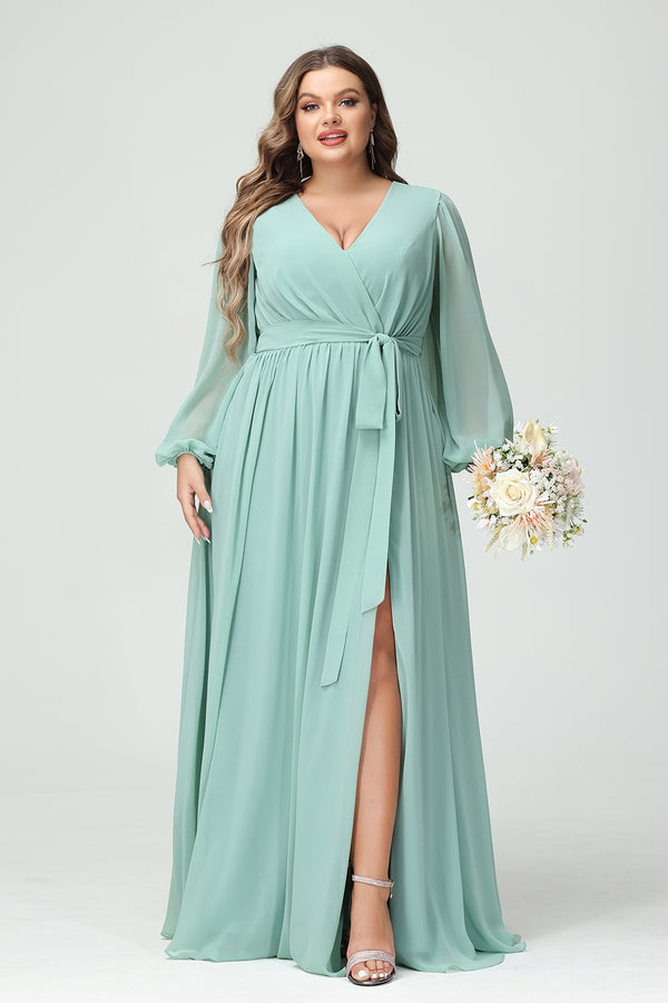 Chiffon Pleated  V Neck Corset Bridesmaid Dresses Pockets with Slit