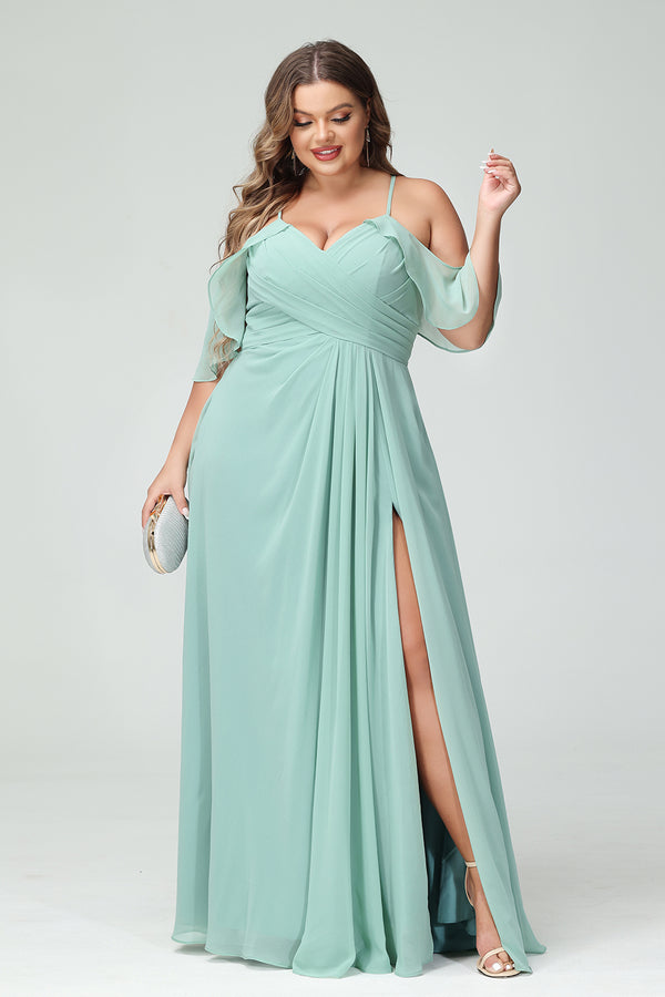 Chiffon Spaghetti Straps Pleated Corset Side Slit Bridesmaid Dresses with  Pockets