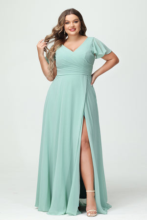 Chiffon Pleated Corset Ruffles Bridesmaid Dresses with Slit