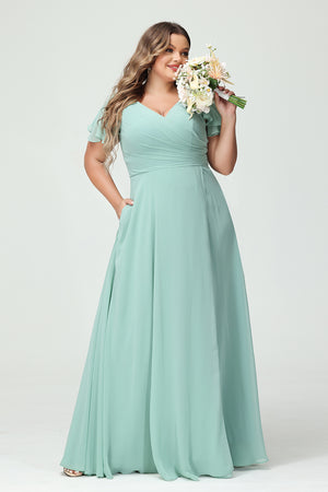 Chiffon Pleated Corset Ruffles Bridesmaid Dresses with Slit