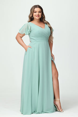 Chiffon Pleated Corset Ruffles Bridesmaid Dresses with Slit