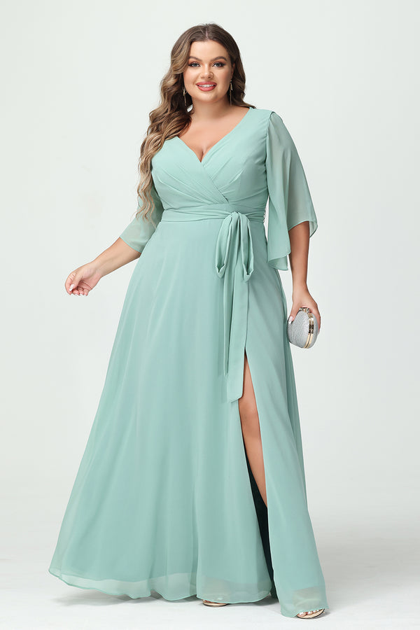 Chiffon V Neck Pleated Corset Ruffles Pockets Bridesmaid Dresses with Slit