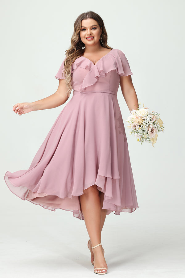 Chiffon Ruffles Pockets V Neck Pleated Corset Bridesmaid Dresses with Slit