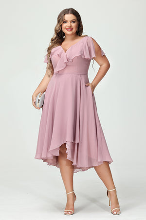 Chiffon Ruffles Pockets V Neck Pleated Corset Bridesmaid Dresses with Slit