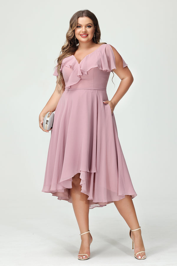 Chiffon Ruffles Pockets V Neck Pleated Corset Bridesmaid Dresses with Slit