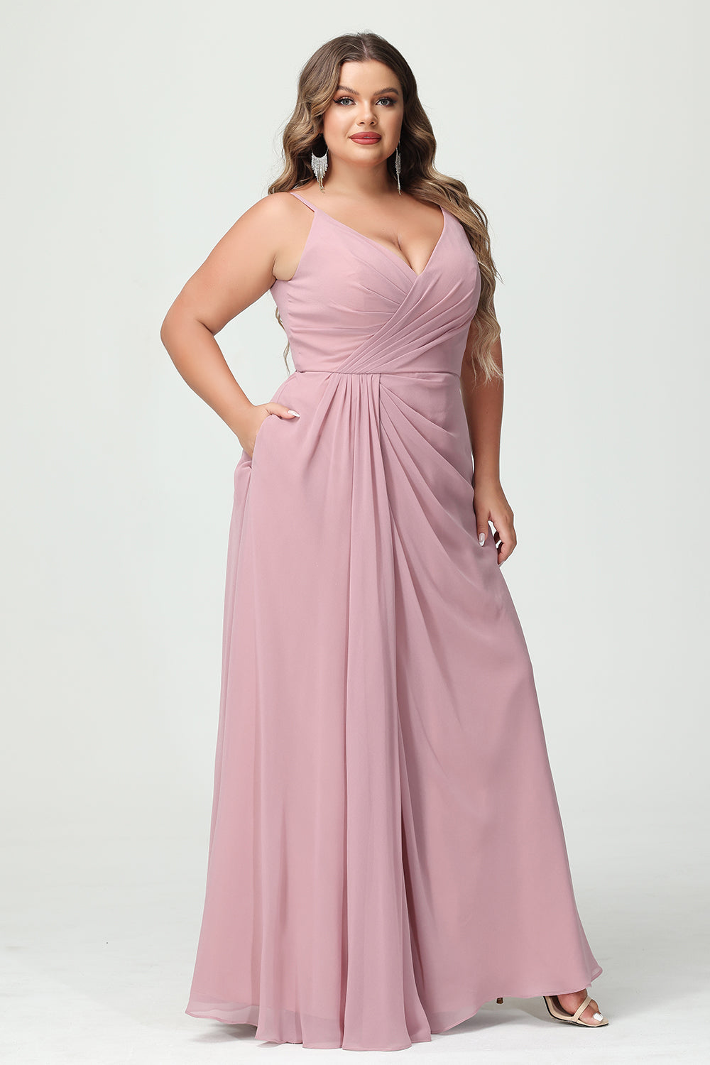 Chiffon V Neck Spaghetti Straps Pleated Corset Bridesmaid Dresses with Slit