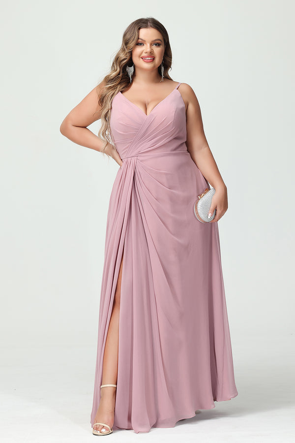 Chiffon V Neck Spaghetti Straps Pleated Corset Bridesmaid Dresses with Slit