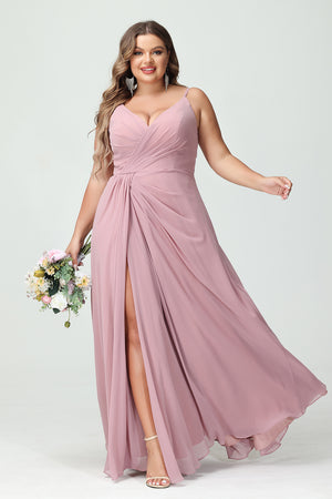 Chiffon V Neck Spaghetti Straps Pleated Corset Bridesmaid Dresses with Slit