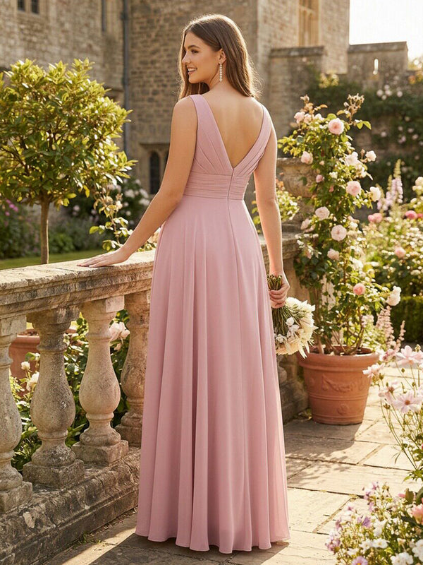 Chiffon V Neck Pleated Ruffles Corset Bridesmaid Dresses
