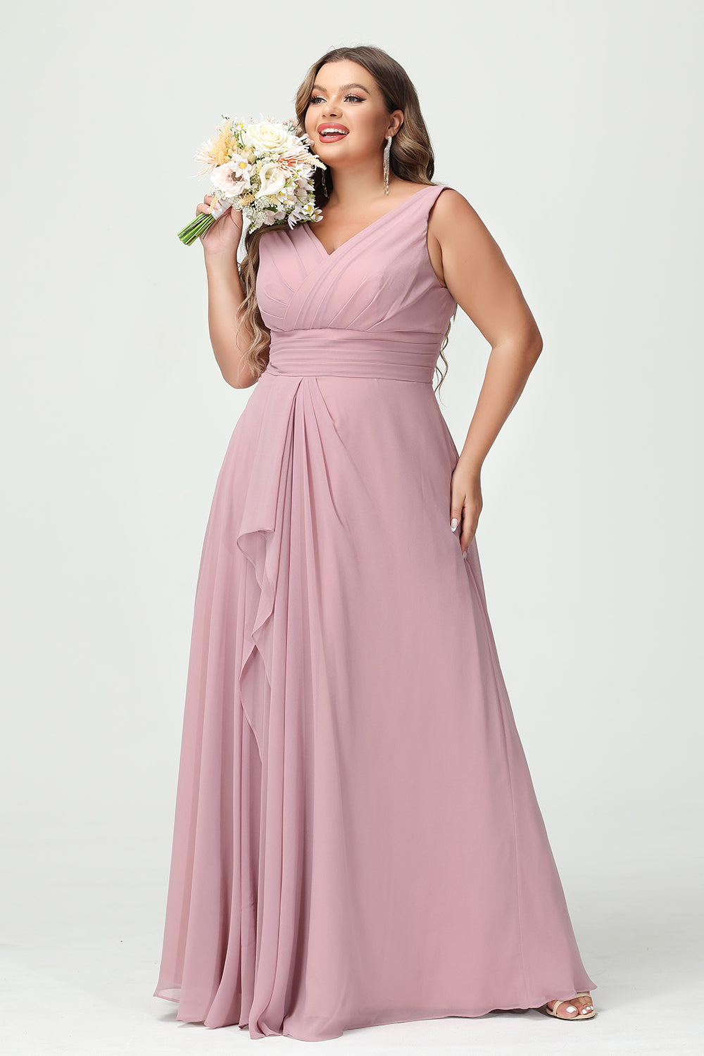 Chiffon V Neck Pleated Ruffles Corset Bridesmaid Dresses