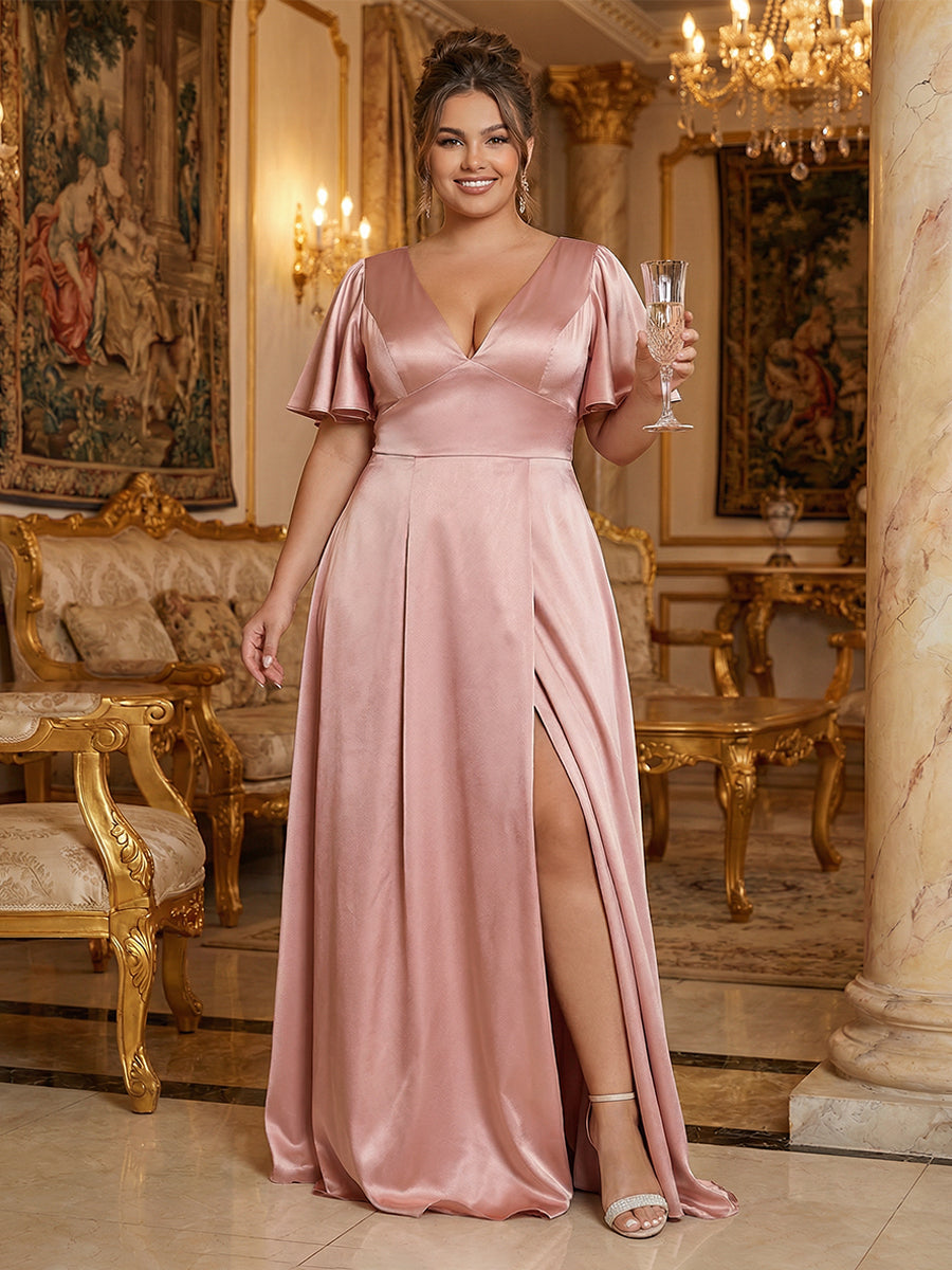 Satin V Neck Pleated Ruffles Corset Bridesmaid Dresses with Slit