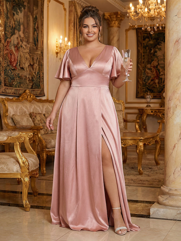 Satin V Neck Pleated Ruffles Corset Bridesmaid Dresses with Slit