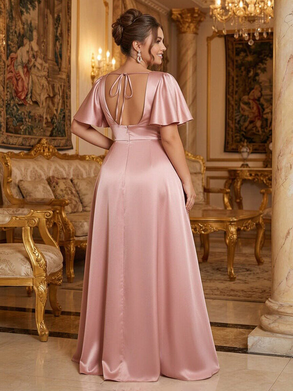 Satin V Neck Pleated Ruffles Corset Bridesmaid Dresses with Slit