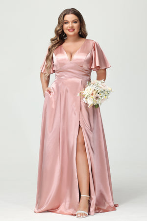 Satin V Neck Pleated Ruffles Corset Bridesmaid Dresses with Slit