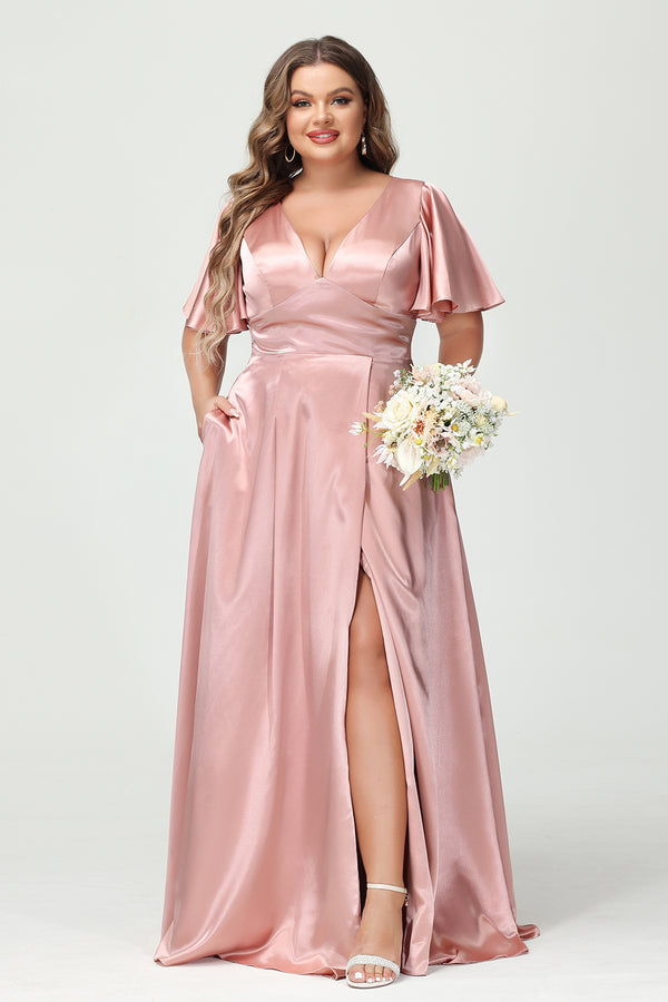 Satin V Neck Pleated Ruffles Corset Bridesmaid Dresses with Slit