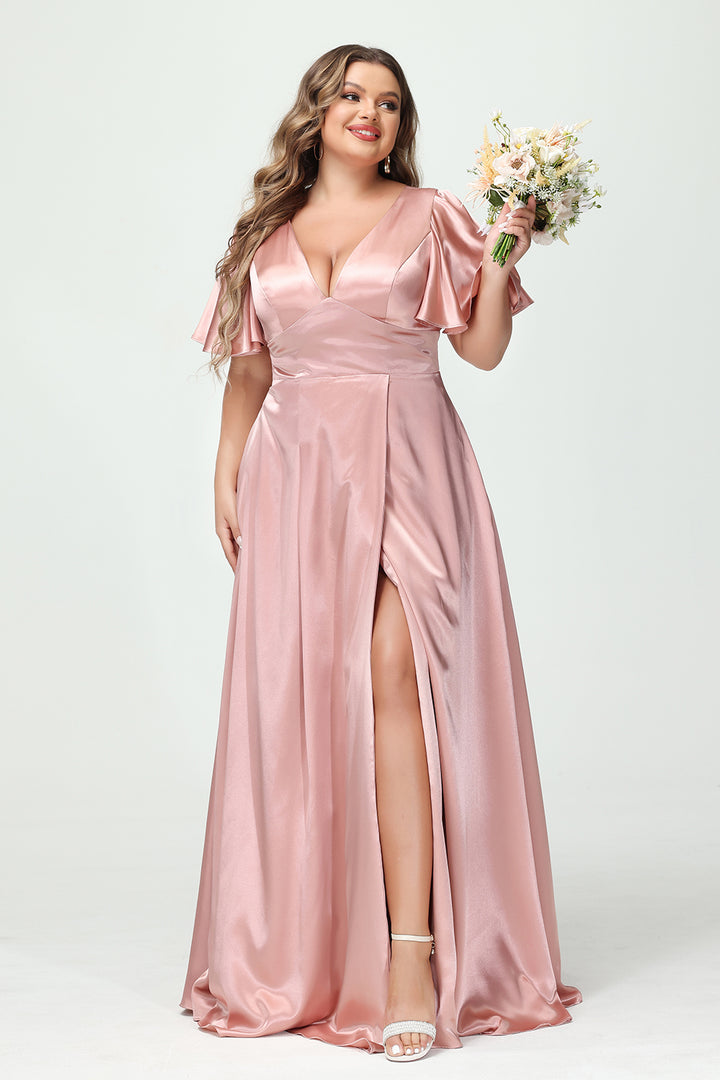 Satin V Neck Pleated Ruffles Corset Bridesmaid Dresses with Slit