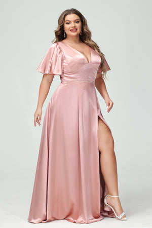 Satin V Neck Pleated Ruffles Corset Bridesmaid Dresses with Slit