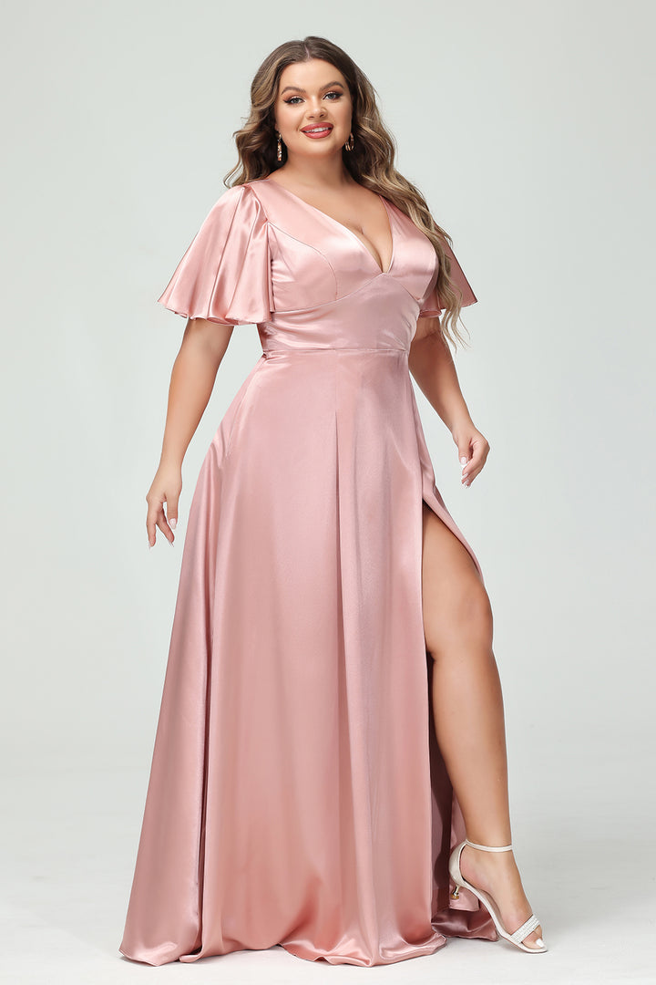 Satin V Neck Pleated Ruffles Corset Bridesmaid Dresses with Slit