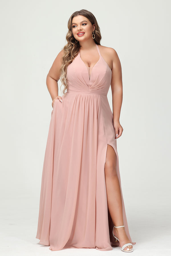 Halter Chiffon Pleated Corset Bridesmaid Dresses with Slit