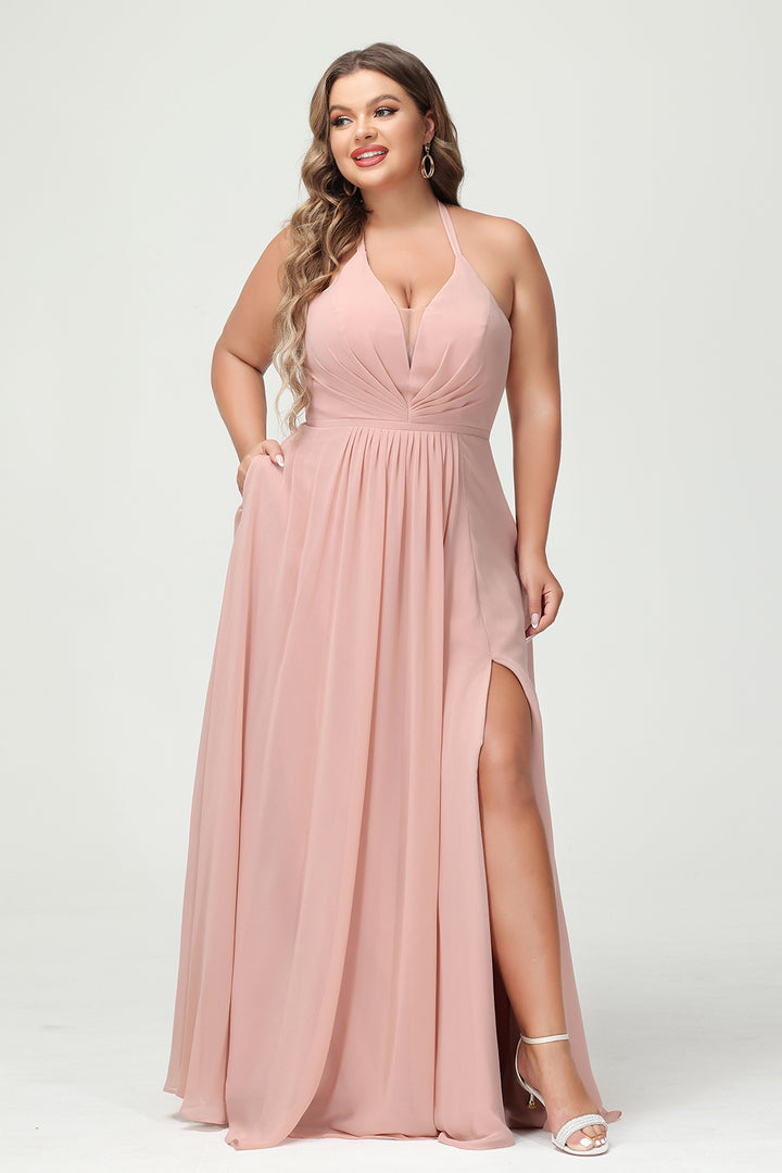 Halter Chiffon Pleated Corset Bridesmaid Dresses with Slit