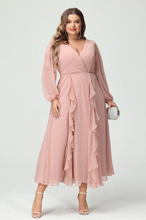 V Neck Chiffon Ruffles Corset Bridesmaid Dresses with Pockets