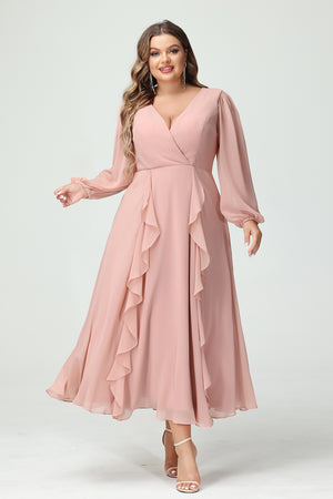 V Neck Chiffon Ruffles Corset Bridesmaid Dresses with Pockets