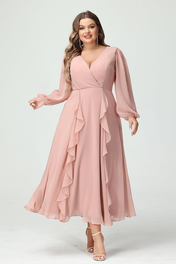 V Neck Chiffon Ruffles Corset Bridesmaid Dresses with Pockets