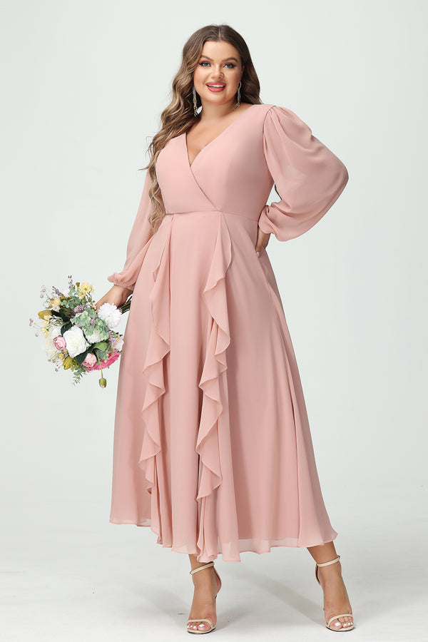 V Neck Chiffon Ruffles Corset Bridesmaid Dresses with Pockets
