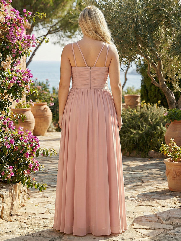 Scoop Neck Chiffon Pleated Corset Bridesmaid Dresses with Pockets