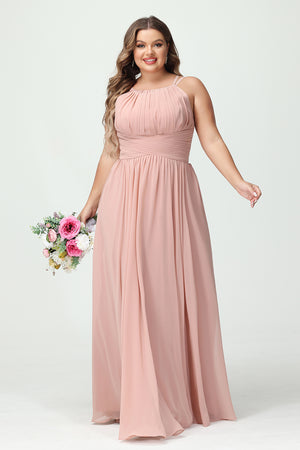 Scoop Neck Chiffon Pleated Corset Bridesmaid Dresses with Pockets