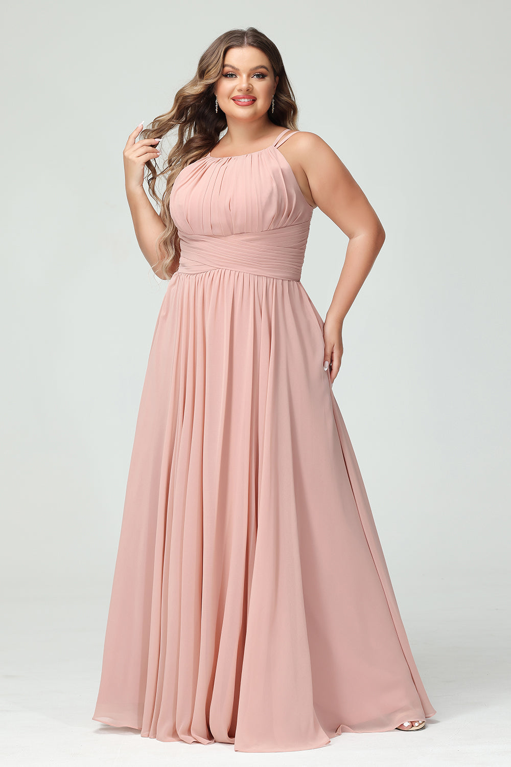 Scoop Neck Chiffon Pleated Corset Bridesmaid Dresses with Pockets