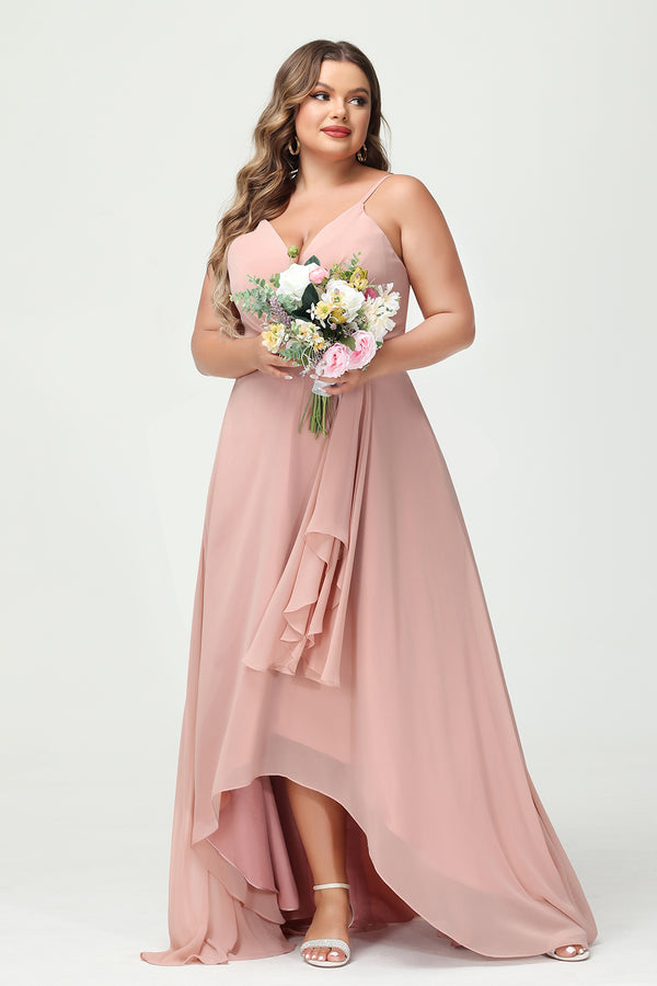 Spaghetti Straps V Neck Chiffon Pleated Corset Bridesmaid Dresses with Pockets
