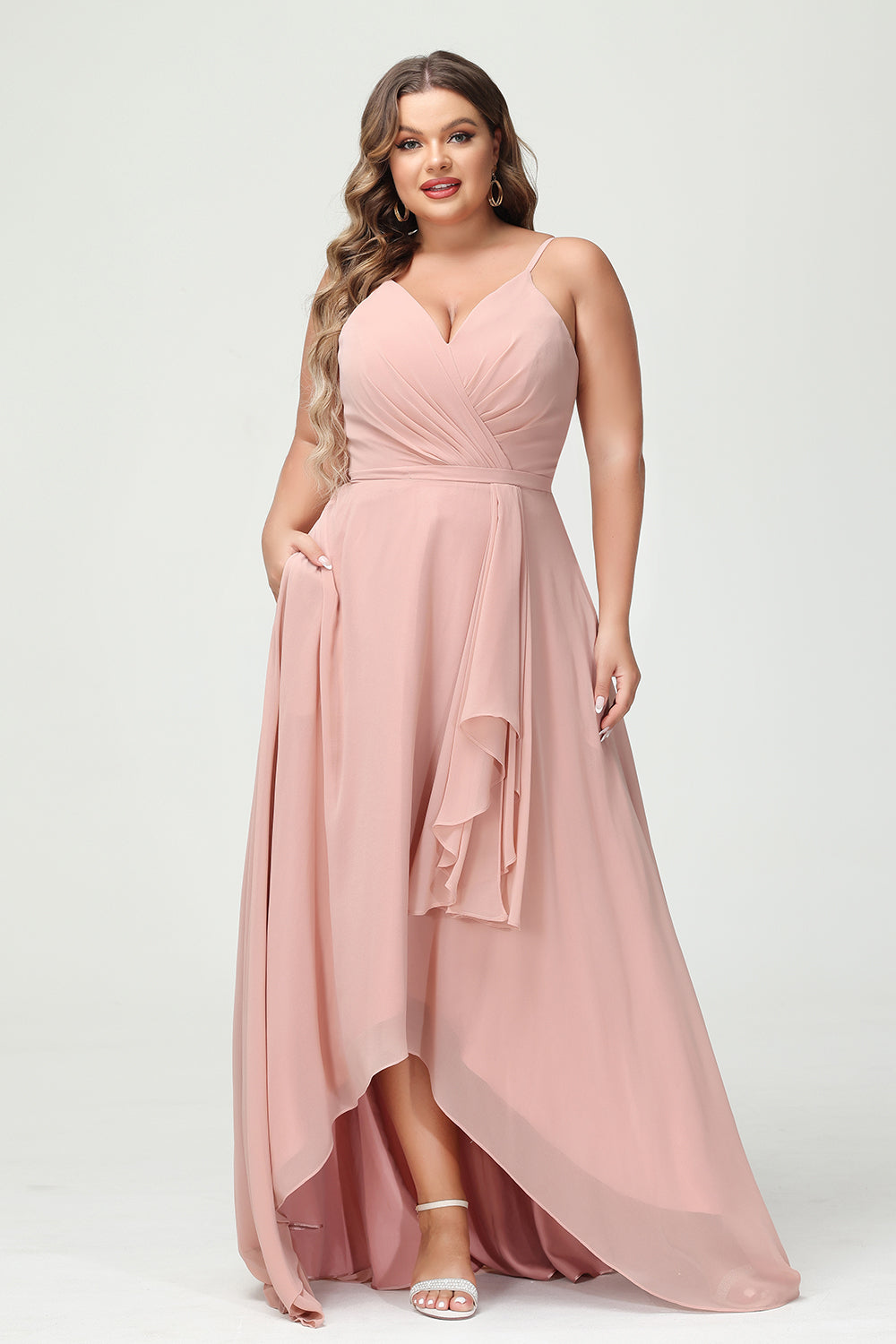 Spaghetti Straps V Neck Chiffon Pleated Corset Bridesmaid Dresses with Pockets