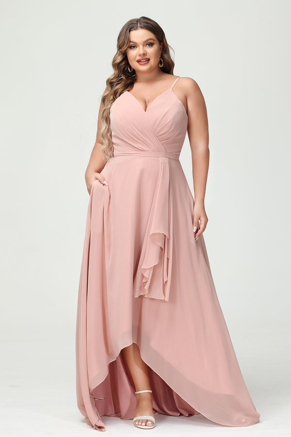 Spaghetti Straps V Neck Chiffon Pleated Corset Bridesmaid Dresses with Pockets