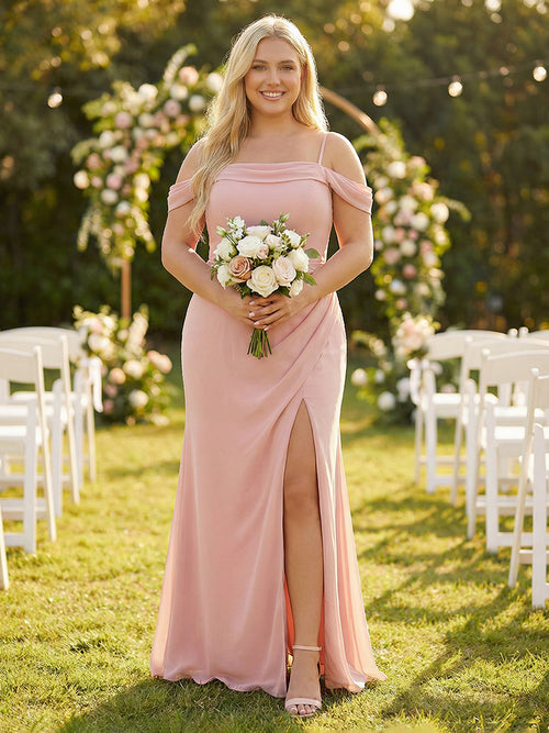 Spaghetti Straps Chiffon Corset Pockets Bridesmaid Dresses with Slit