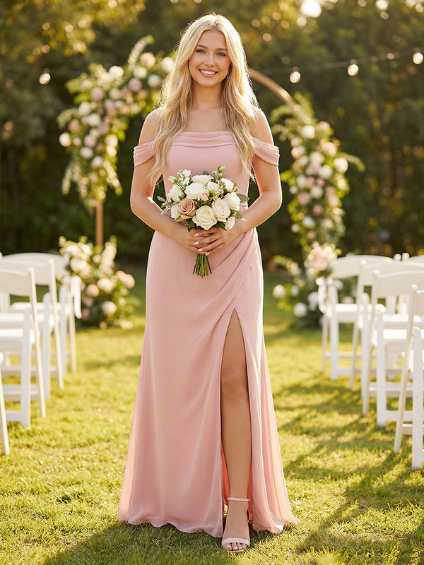 Spaghetti Straps Chiffon Corset Pockets Bridesmaid Dresses with Slit