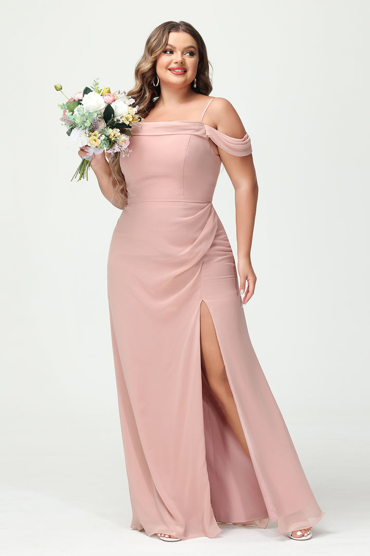 Spaghetti Straps Chiffon Corset Pockets Bridesmaid Dresses with Slit