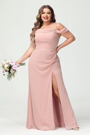 Spaghetti Straps Chiffon Corset Pockets Bridesmaid Dresses with Slit