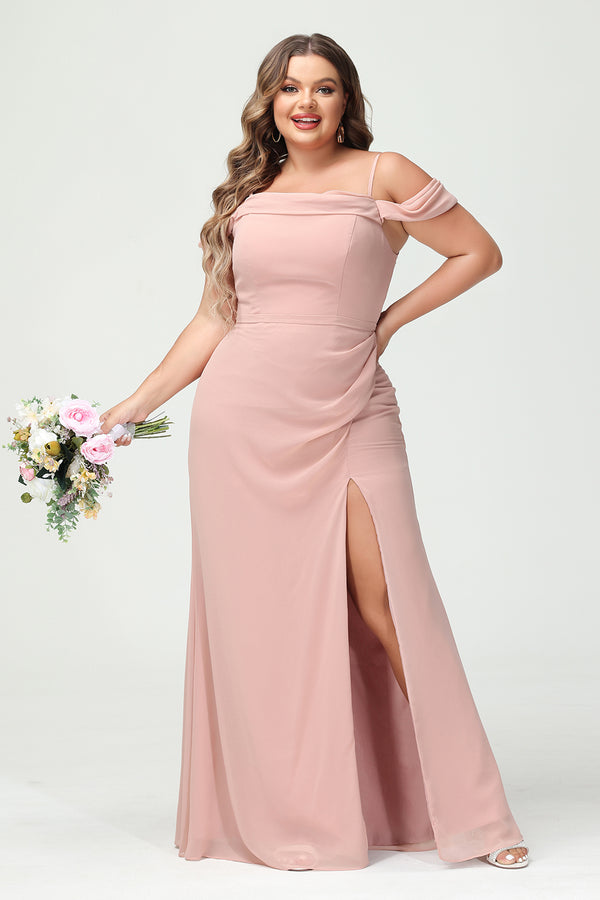 Spaghetti Straps Chiffon Corset Pockets Bridesmaid Dresses with Slit