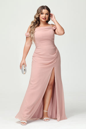 Spaghetti Straps Chiffon Corset Pockets Bridesmaid Dresses with Slit