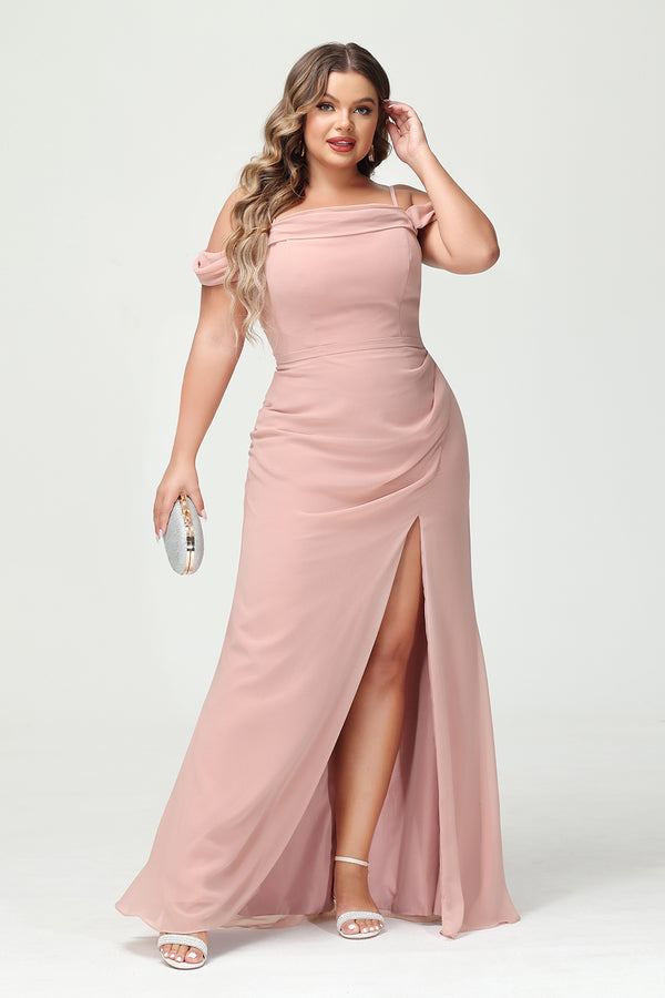 Spaghetti Straps Chiffon Corset Pockets Bridesmaid Dresses with Slit