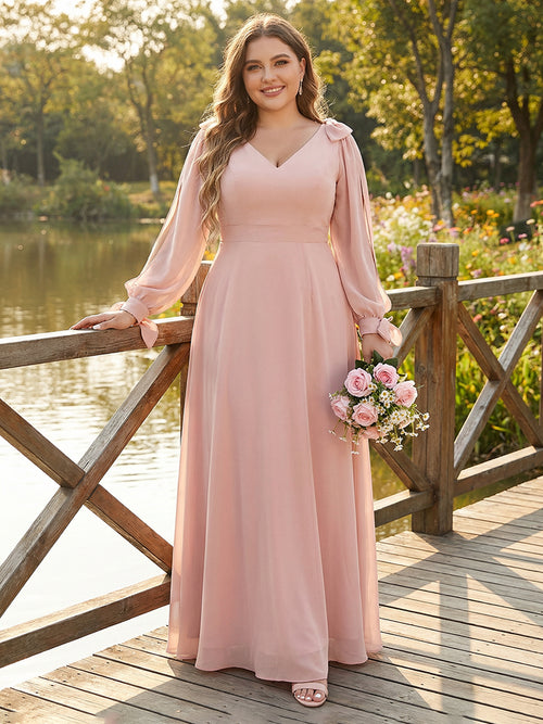 V Neck Chiffon Pleats Corset Pockets Bridesmaid Dresses