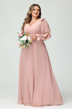 V Neck Chiffon Pleats Corset Pockets Bridesmaid Dresses